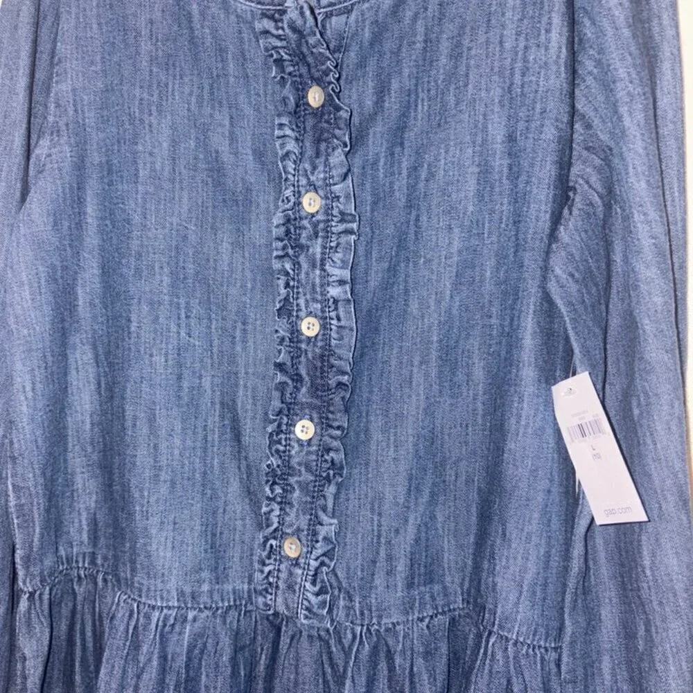 NEW NWT Girls Gap Long Sleeve Denim Ruffle Chambray Dress size Large